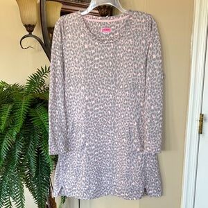 Kate Spade Pink Gray Leopard Print Long Sleeve Nightgown Knit Sleepwear Pockets